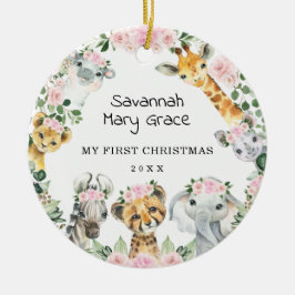 Girl Safari Animals Pink Floral Baby 1e Kerstmis Keramisch Ornament