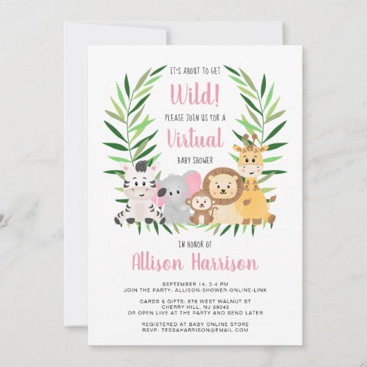 Girl Safari Animals Virtual Baby shower Kaart (Voorkant)