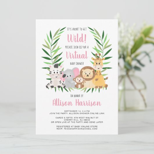 Girl Safari Animals Virtual Baby shower Kaart (Staand voorkant)