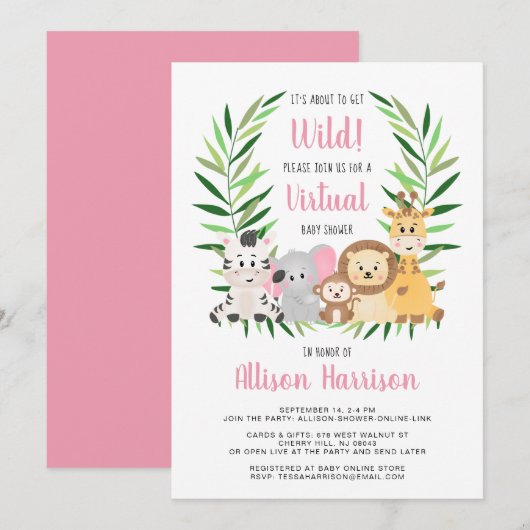 Girl Safari Animals Virtual Baby shower Kaart (Voorkant / Achterkant)