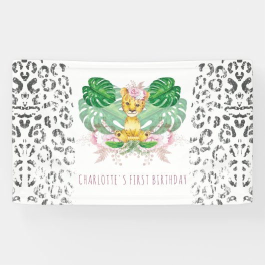 Girl Safari Birthday Lion Illustration Spandoek (Horizontaal)