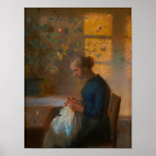 Girl Sewing beroemd gemaakt door Anna Ancher Poster