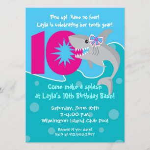 Girl Shark Bite Invite- 10th Birthday Party Kaart
