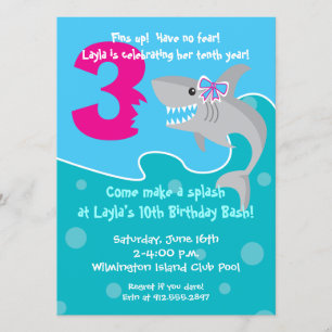 Girl Shark Bite Invite- 3e verjaardag Kaart