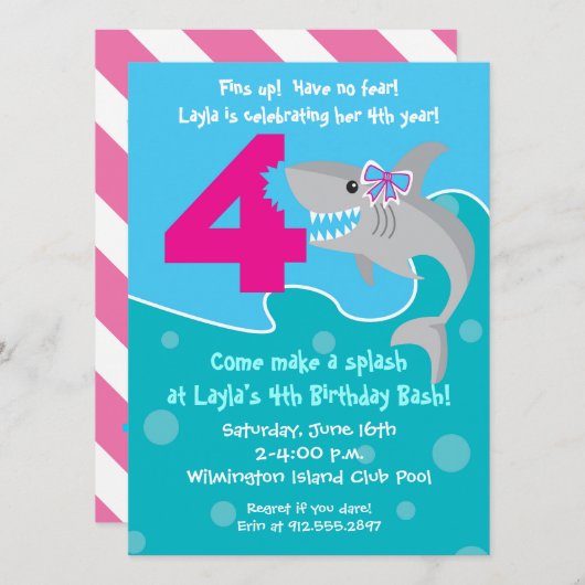 Girl Shark Bite Invite - 4e verjaardag Kaart (Voorkant / Achterkant)