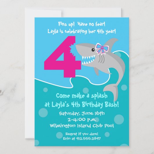 Girl Shark Bite Invite - 4e verjaardag Kaart (Voorkant)