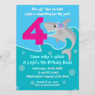 Girl Shark Bite Invite - 4e verjaardag Kaart
