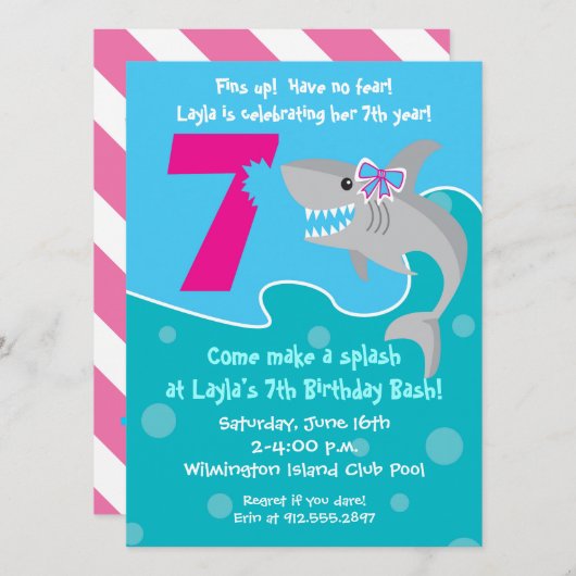 Girl Shark Bite Invite - 7e verjaardag Kaart (Voorkant / Achterkant)
