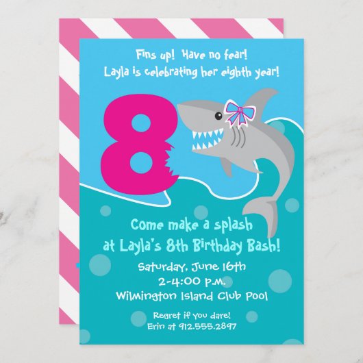 Girl Shark Bite Invite - 8e verjaardag Kaart (Voorkant / Achterkant)