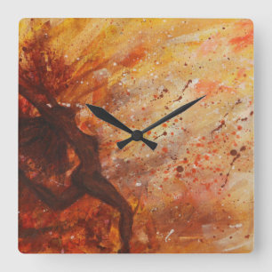 Girl Silhouette Oranje Yellow Tones Abstract Vierkante Klok