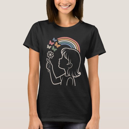Girl Silhouette Rainbow Butterfly Illustration T-shirt (Voorkant)