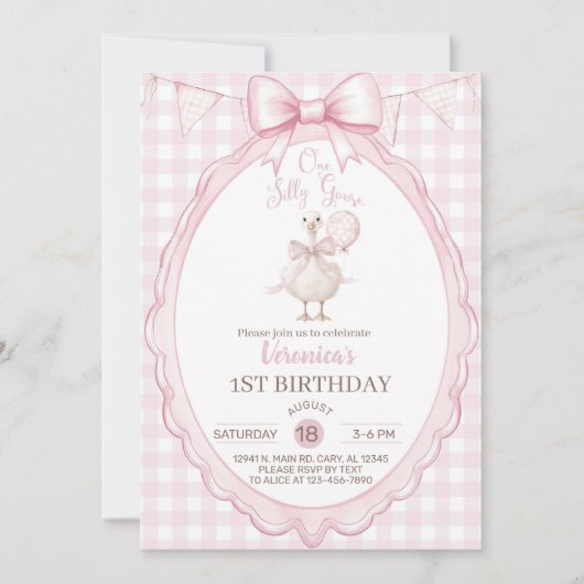 Girl Silly Goose 1st first birthday invite, goose. Kaart (Voorkant)