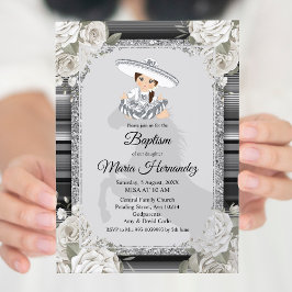 Girl Silver White Mexican Baptism Invitation Kaart