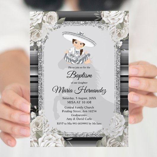 Girl Silver White Mexican Baptism Invitation Kaart