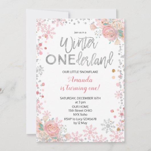 Girl Silver Winter ONEderland Snow Birthday Invite Kaart (Voorkant)
