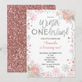 Girl Silver Winter ONEderland Snow Birthday Invite Kaart (Voorkant / Achterkant)