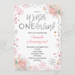 Girl Silver Winter ONEderland Snow Birthday Invite Kaart