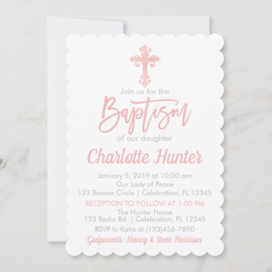 Girl Simple Elegance Pink Baptisme Uitnodiging