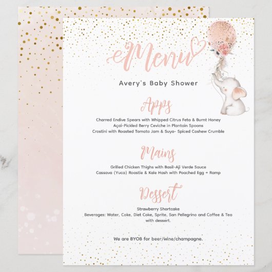 Girl Simple Elephant Balloon Baby shower Menu (Voorkant / Achterkant)