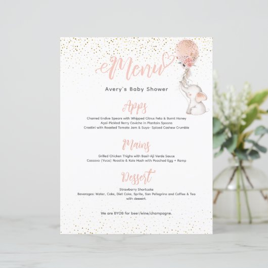 Girl Simple Elephant Balloon Baby shower Menu (Staand voorkant)