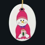 Girl Snowman in Pink Toque Keramisch Ornament<br><div class="desc">Een schattige vorstsnowman in een roze toque en een roze trui. Een mok warme chocolade wringt het hart!</div>
