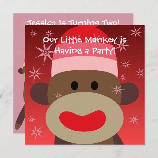 Girl Sock Monkey Birthday Invitation Kaart (Voorkant / Achterkant)