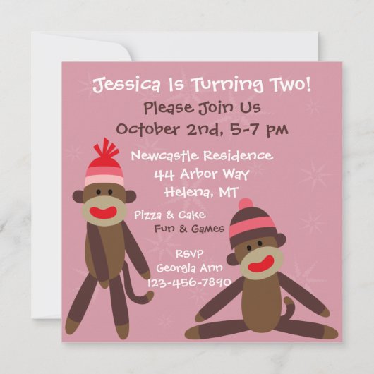 Girl Sock Monkey Birthday Invitation Kaart (Achterkant)