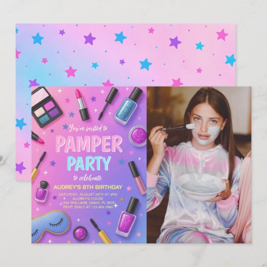 Girl Spa Pamper Party Birthday Photo Invitation Kaart (Voorkant / Achterkant)