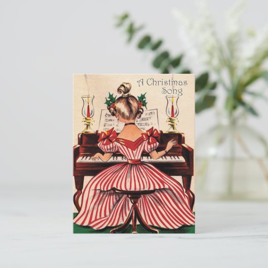 Girl speelt kerstliedje op piano,  briefkaart (Staand voorkant)