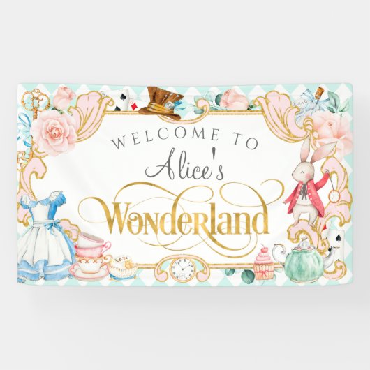 Girl Spring jarig Alice in wonderland theefeestje Spandoek (Horizontaal)