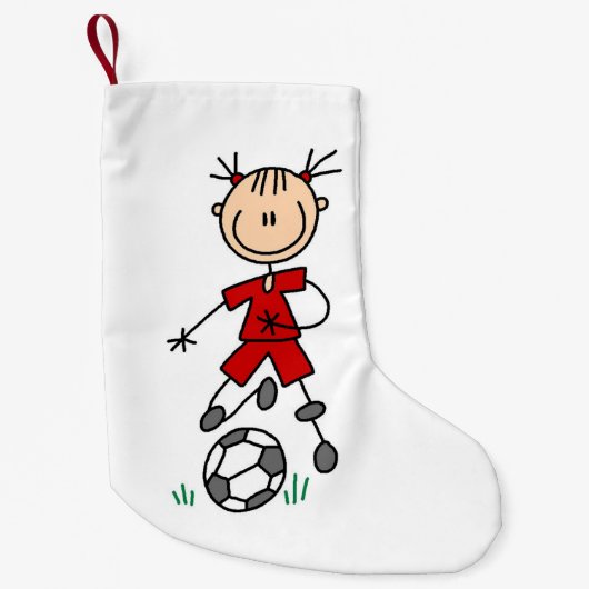 Girl Stick Figuur Soccer Red Uniform Stocking Kleine Kerstsok (Voorkant)