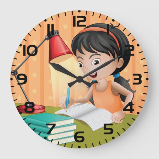 Girl Studying at Desk Doing Homework Grote Klok (Voorkant)