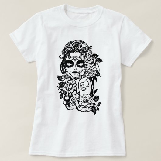 Girl Sugar Skull in bloemen T-shirt (Design voorkant)