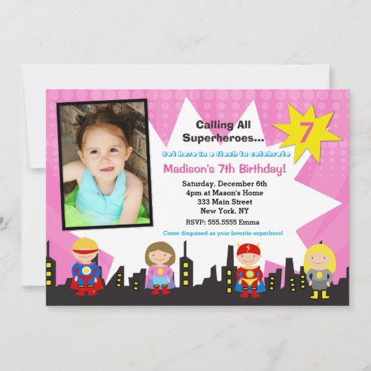 Girl Superheld Photo Birthday Party Invitations Kaart (Voorkant)