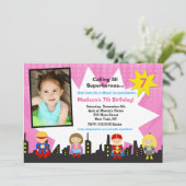 Girl Superheld Photo Birthday Party Invitations Kaart (Staand voorkant)