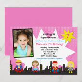 Girl Superheld Photo Birthday Party Invitations Kaart (Voorkant / Achterkant)