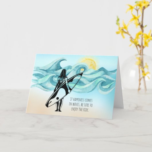 Girl Surfer | Geluk komt in Waves Greeting Kaart (Gele Bloem)