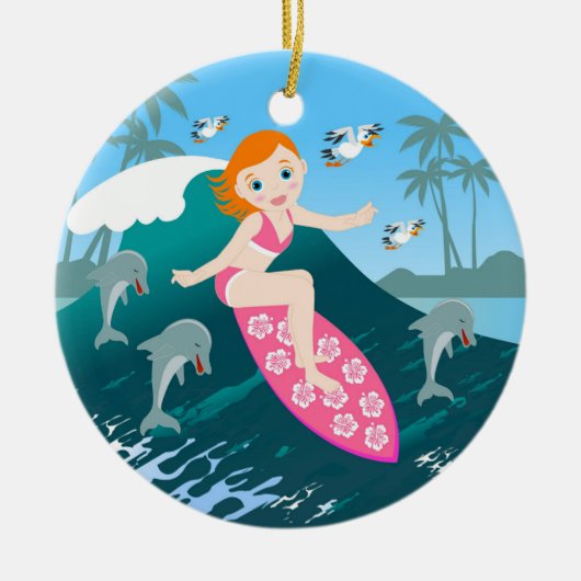 Girl Surfing Big Wave met Dolphins Keramisch Ornament (Voorkant)