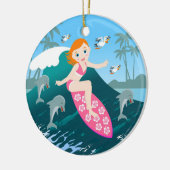 Girl Surfing Big Wave met Dolphins Keramisch Ornament (Links)