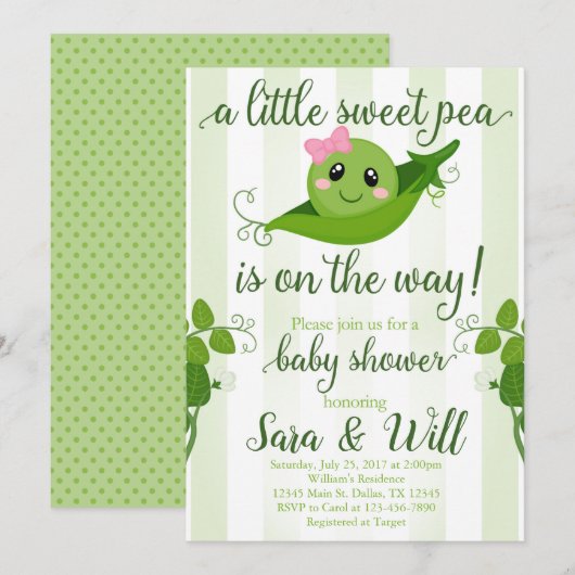 Girl Sweet Pea Pod Baby shower Invite Kaart (Voorkant / Achterkant)