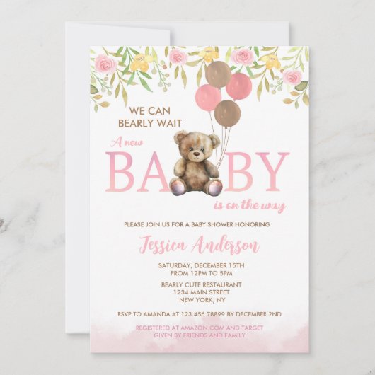 Girl Teddy Bear Barly Wait baby shower-uitnodiging Kaart (Voorkant)