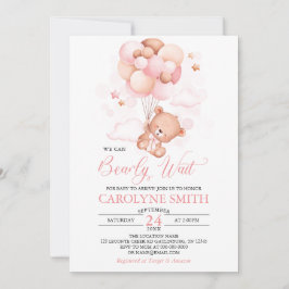 Girl Teddy Bear Pink-ballon Baby shower Kaart