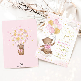 Girl Teddy Bear Pink Gold Balloons 1e verjaardag Kaart