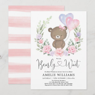 Girl Teddy Bear Pink Paars Floral Baby shower Inv Kaart