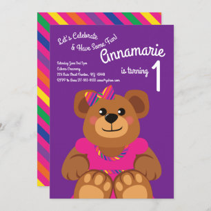 Girl Teddy Bear Rainbow 1e Birthday Cute Kaart