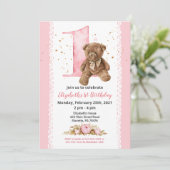 Girl Teddy Bear Waterverf Floral 1st Kaart (Staand voorkant)