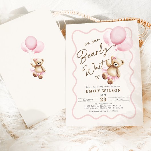Girl Teddy Bear We Can Bearly Wait Baby Shower Kaart