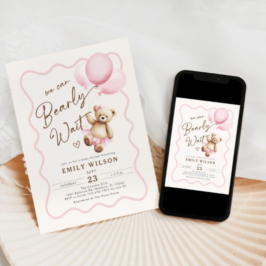 Girl Teddy Bear We Can Bearly Wait Baby Shower Kaart