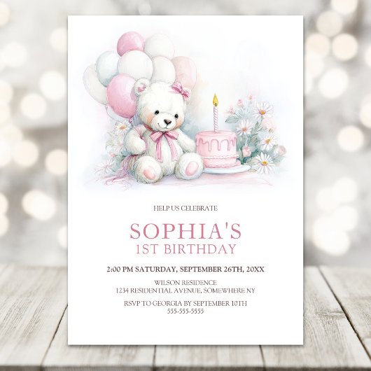 Girl Teddy Bear with Balloons 1st Birthday Kaart