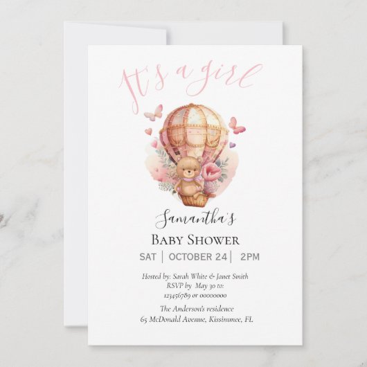 Girl Teddy Bearly Wait Hot Air ballonroze Aankondiging (Voorkant)